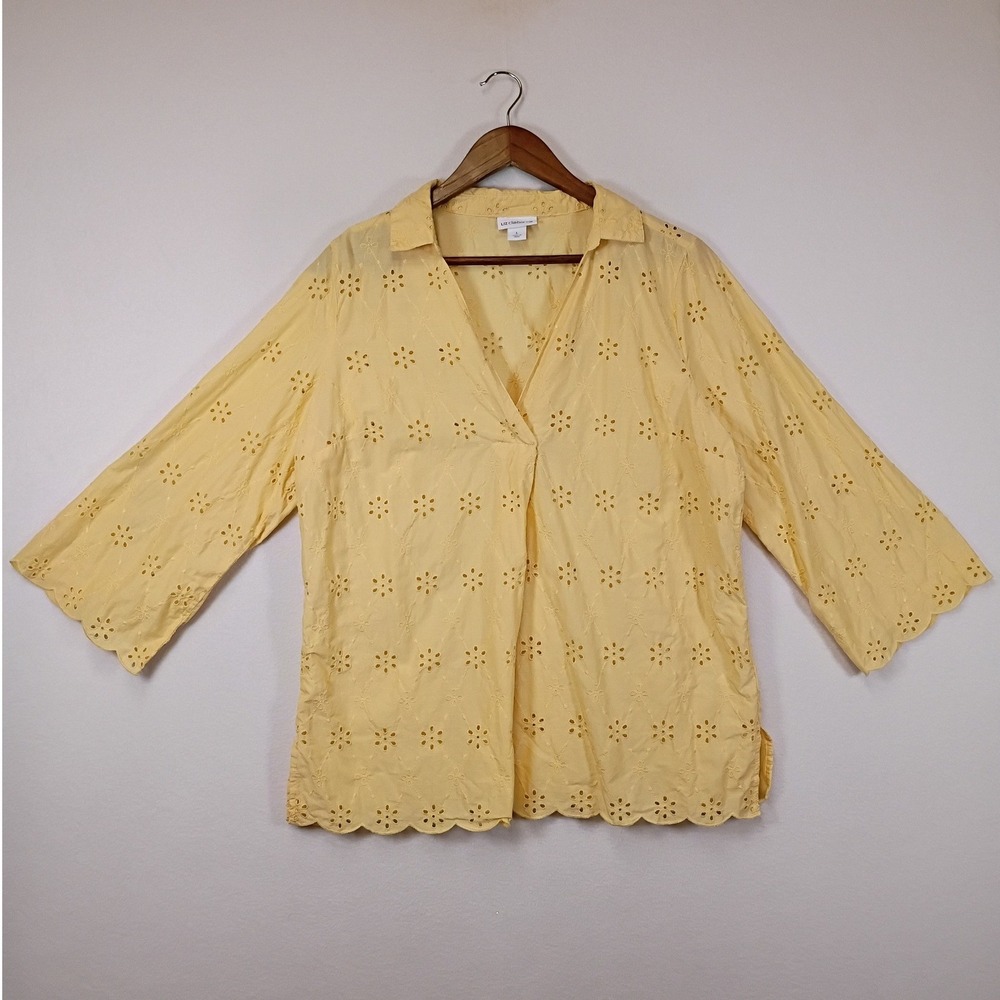 Cottagecore Liz Claiborne Womens L Yellow Floral Eyelet Scallop Hem V-Neck Top